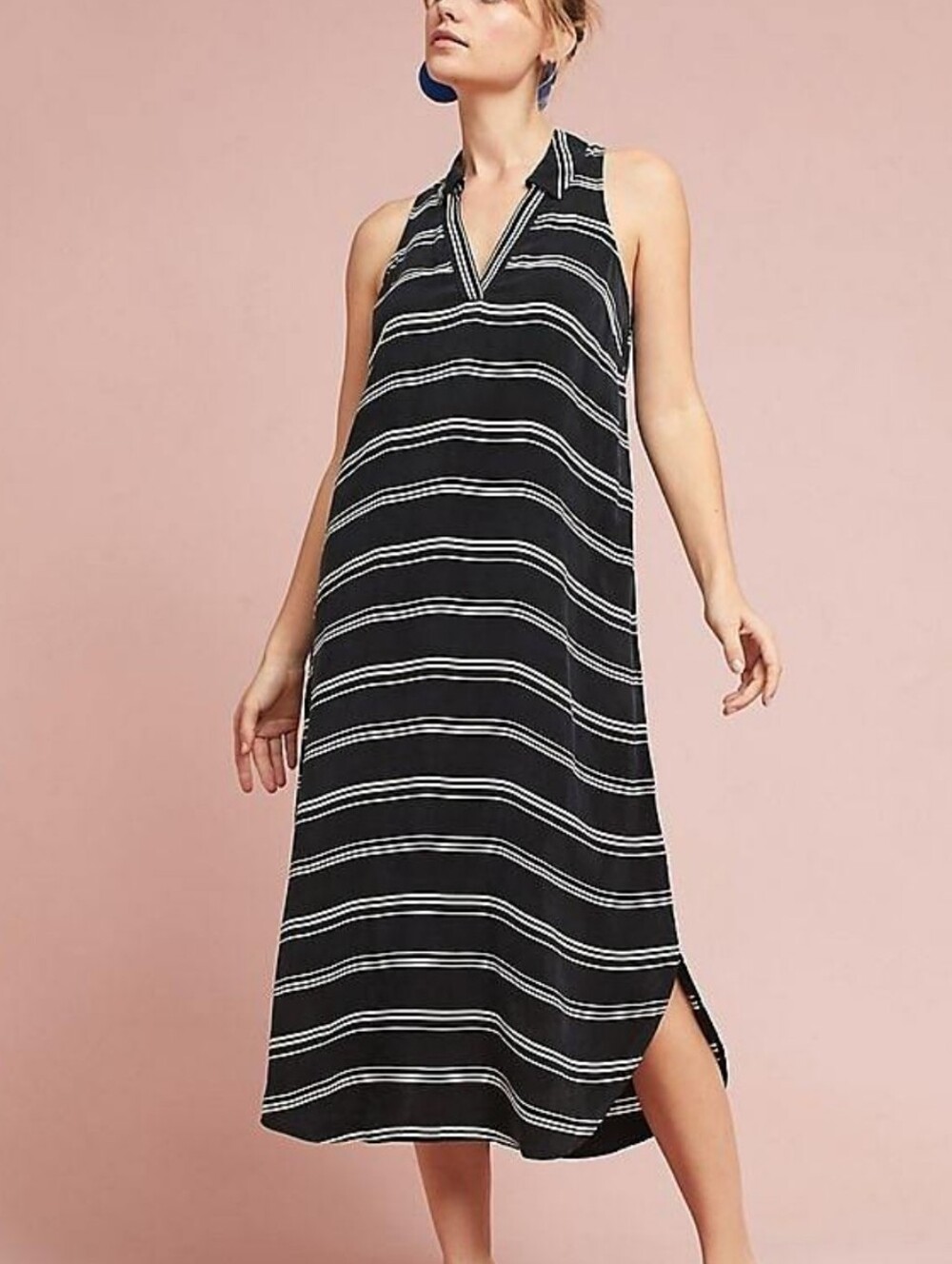 Anthropologie Stripe Collared Shirt Dress Loose Fit Midi Dress Black White Small